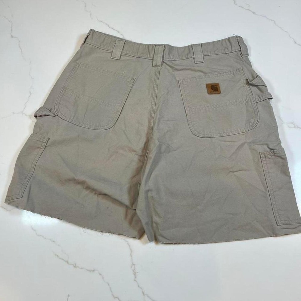 Carhartt Mens Tan Khaki Canvas Utility Cargo Shorts Raw Hem Workwear Size 34